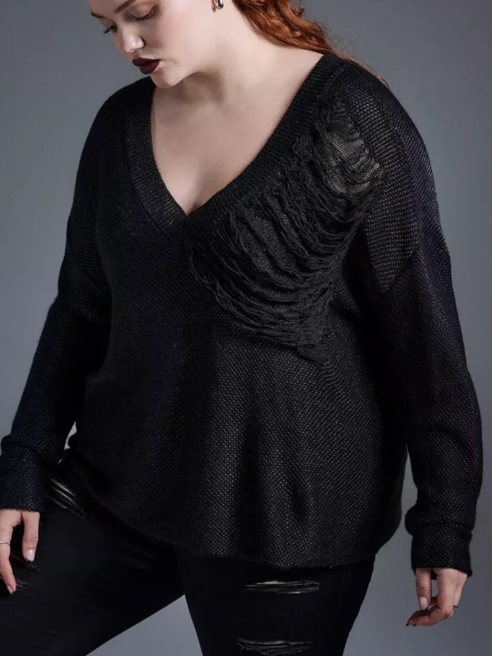Torrid Sweater 3X Nightfall Black Destructed Pullover V-Neck Plus Size Emo Goth
